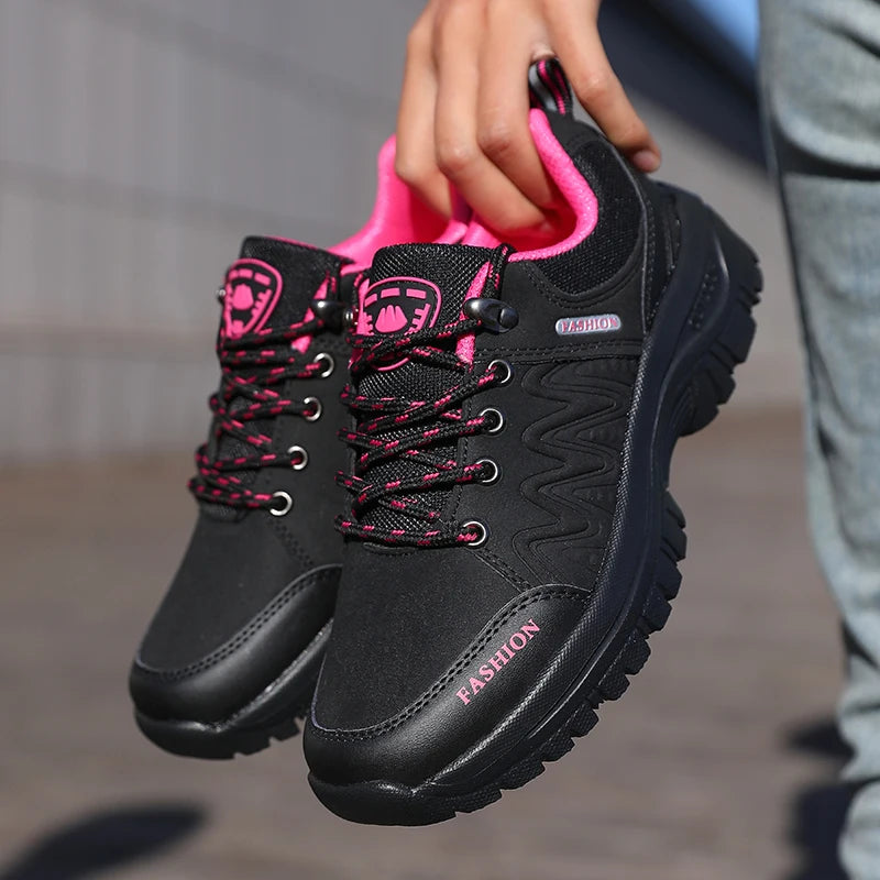 Ladies' Outdoor Hiking Shoes with Black and Pink Non Slip Soles Fashionable Sports Shoes Breathable Mesh Running Hiking Boots
