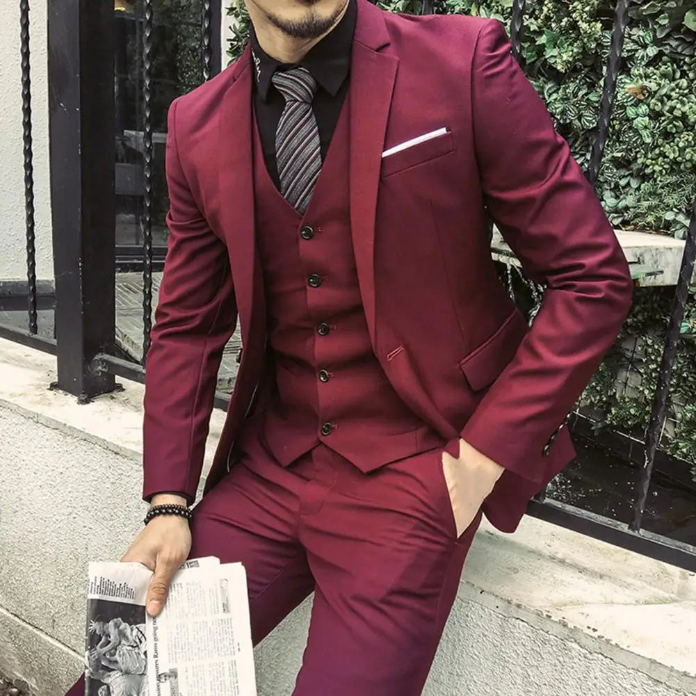 Men Three piece Suit Formal Business Suit Pants Set Solid Color Slim Fit Turn down Collar Anti wrinkle Groom Wedding Suit