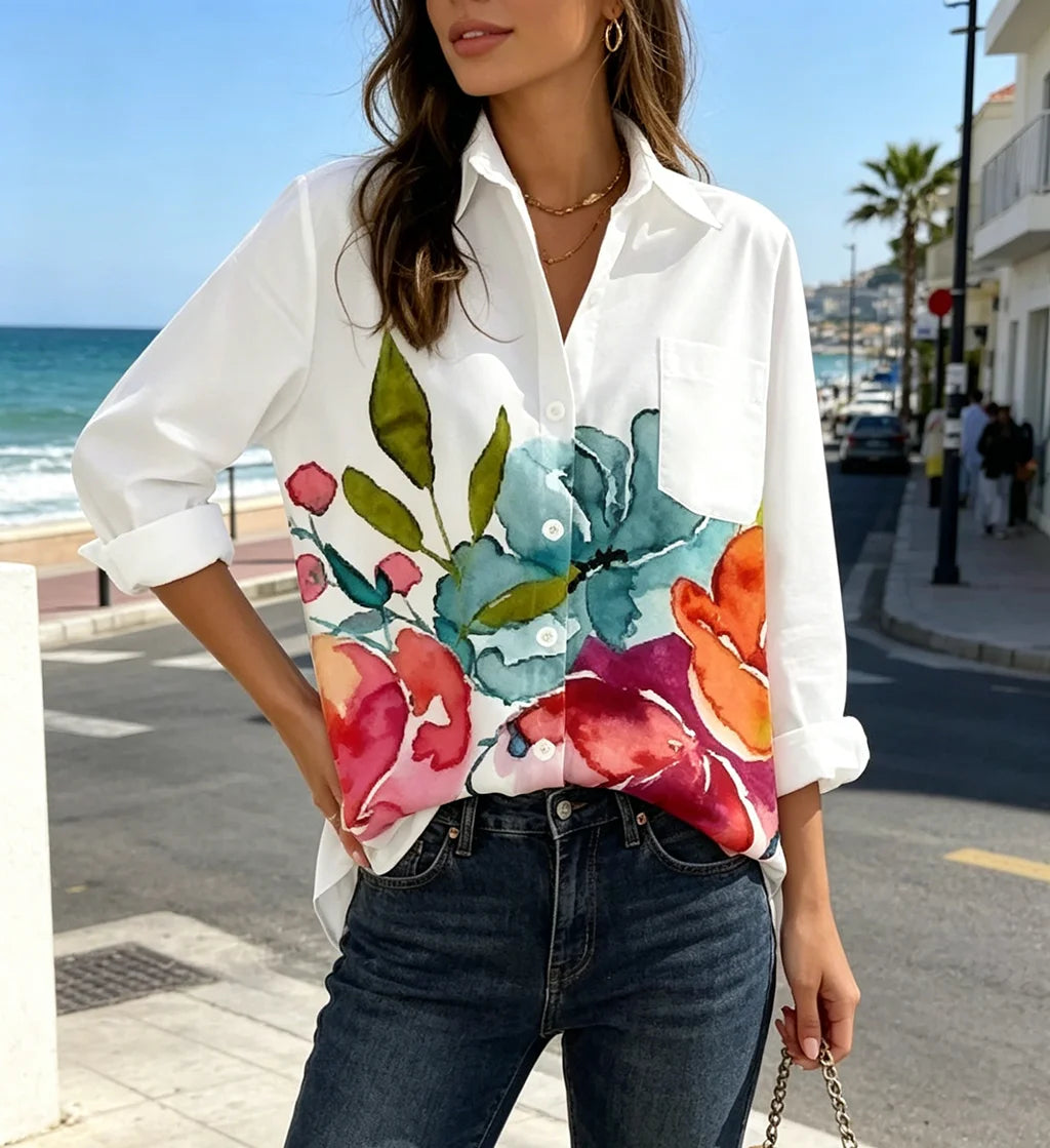 Women's Watercolor Floral Print Blouse Casual Long Sleeve Button Down Shirt Loose Fit Elegant Office Ladies White Tops