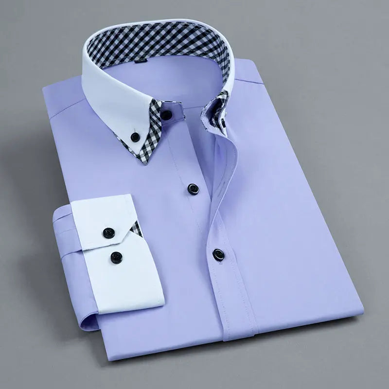 Men's Business Dress Shirt Long Sleeve Non Iron Fashion Double Layer Formal Regular Fit Office Camisa Social Solid Button Shirts