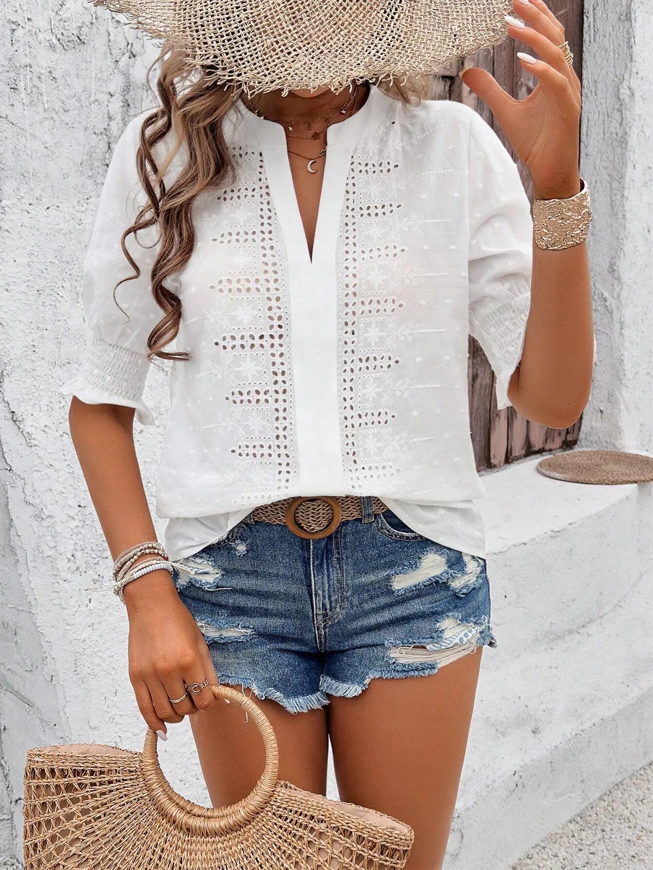 Women's Blouse Floral Embroidery Lace Summer Casual Solid Color Swiss Dot Eyelets V-neck Puff Shirred Half Sleeve T-shirt Tops