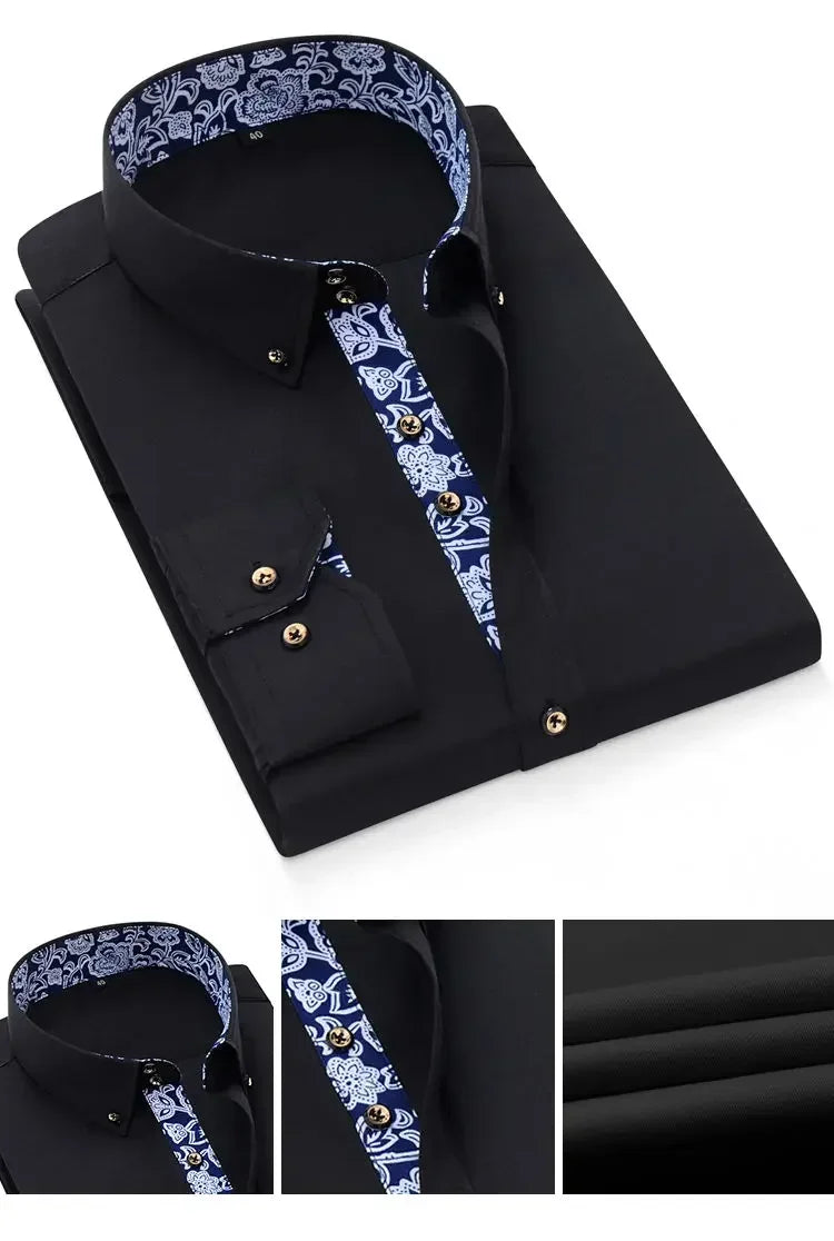 Men's Cotton Shirt Formal Business Collar Dress Shirts Long sleeve Spring Autumn Casual Wear Slim Fit Social Black Blue White