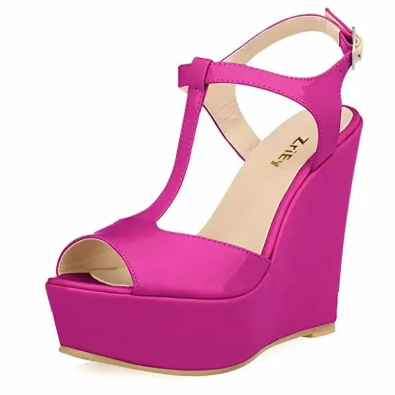 Women Wedge Sandals 2026 New Summer 14cm Open Toe Sexy Ankle Strap High Heels Patent Leather Platform Pumps Party Wedding Shoes