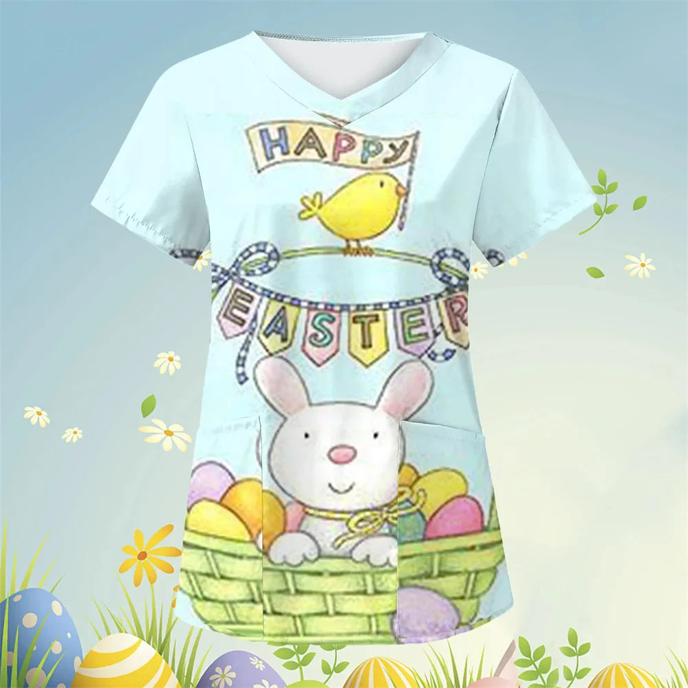 Scrubs Medical Uniforms Cute Cartoon Bunny Print High Quality Medical Uniforms for Women Short Sleeve Dental Medical Uniforms