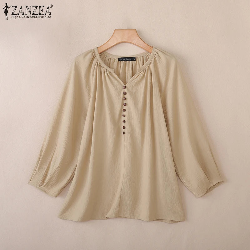 Women Blouse ZANZEA 2026 Spring Summer Shirt Casual V-Neck 3/4 Sleeve Solid Tops Female Mujer Elegant OL Work Blouses Oversize