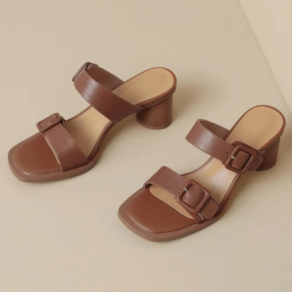 Women's sandals summer 2023 cow leather double metal belt 5.5cm thick med heel slip-on slippers elegant ladies slim daily pumps