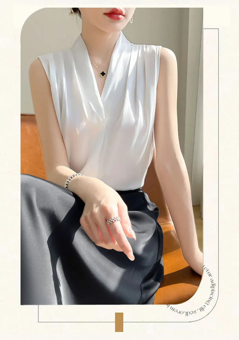 Womens Tops Blouses Solid Color White Satin Blouse Office Shirt Blusas Sleeveless Women Shirts Black White Female YTM A31