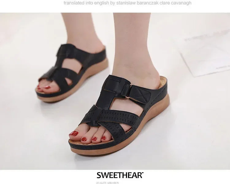 2024 Summer Women Wedge Sandals Premium Orthopedic Open Toe Sandals Vintage Anti-slip Leather Casual Female Platform Retro Shoes