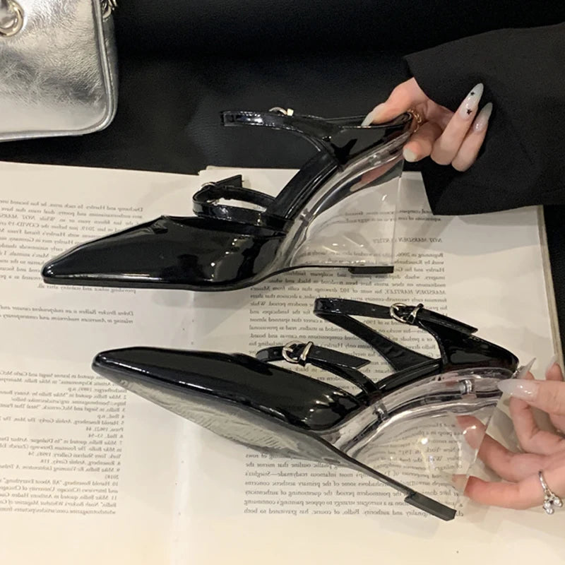 Liyke New Fashion Transparent Wedge Slippers Women Pumps Patent Leather Pointed Toe Buckle Strap Designer High Heels Mules Shoes