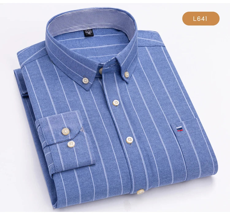 Men's Oxford Long Sleeve Shirt 100% Cotton Wrinkle Resistant & Breathable, Solid Plaid Striped Comfort Casual Button-down Shirts