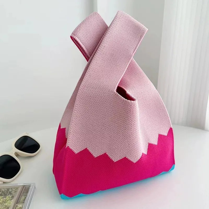 Women'S Knot Wrist Tote Bags Handmade Knitted Bag Portable Mini Striped Bucket Phone Bags Large Capacity Spring Summer Handbags