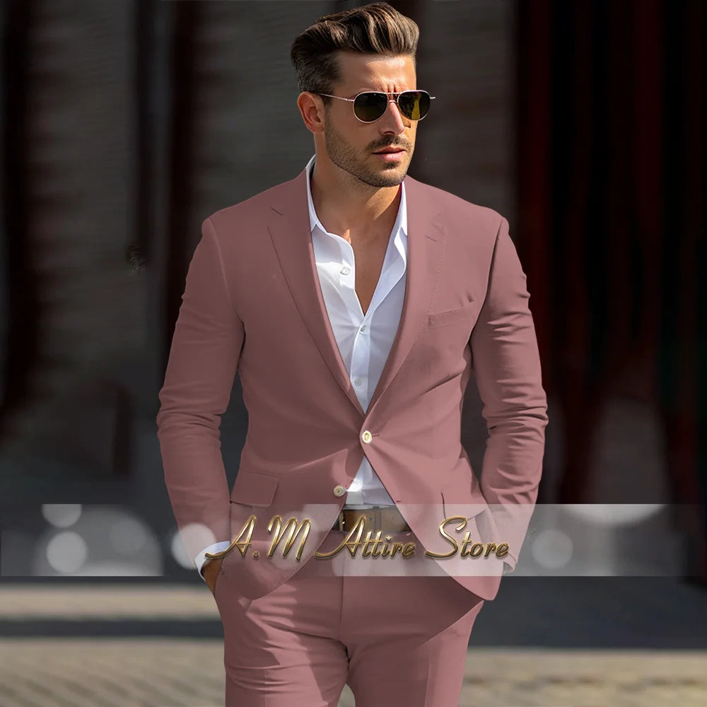 Men's linen suit 2-piece peak lapel jacket pants for summer beach wedding groom prom party tailor-made casual formal outfit
