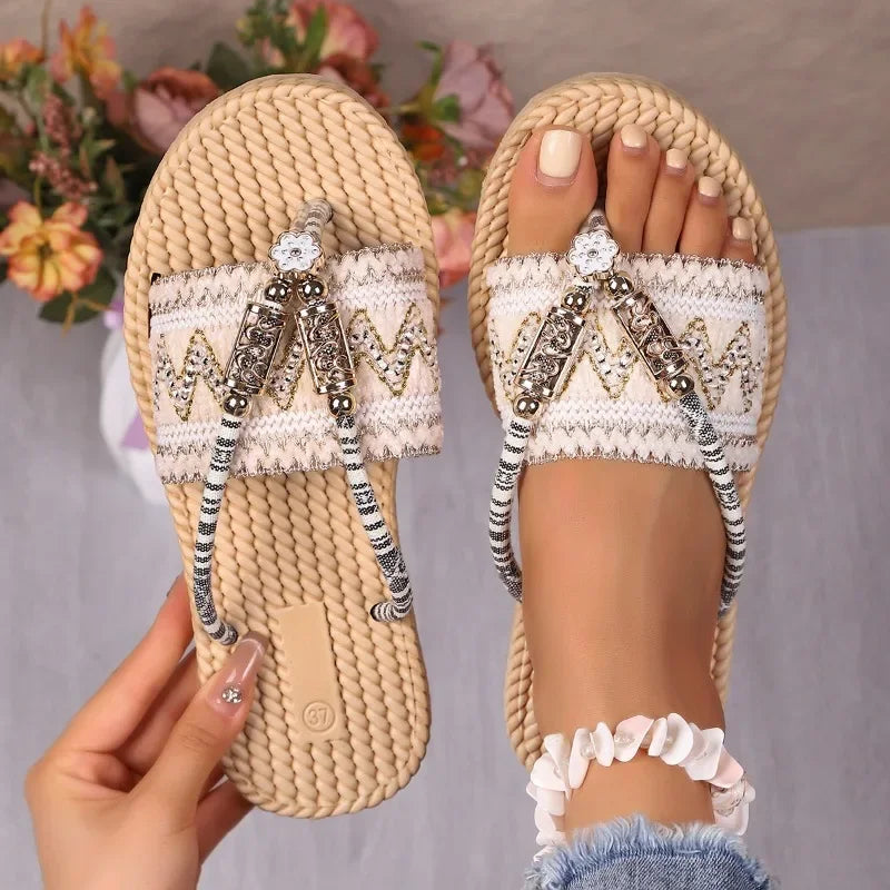 2025 Women Slippers Outdoor Handwoven Shoes Women Large Size Bohemian Ethnic Flat Sandals Fashion Beach Slippers Slides Women