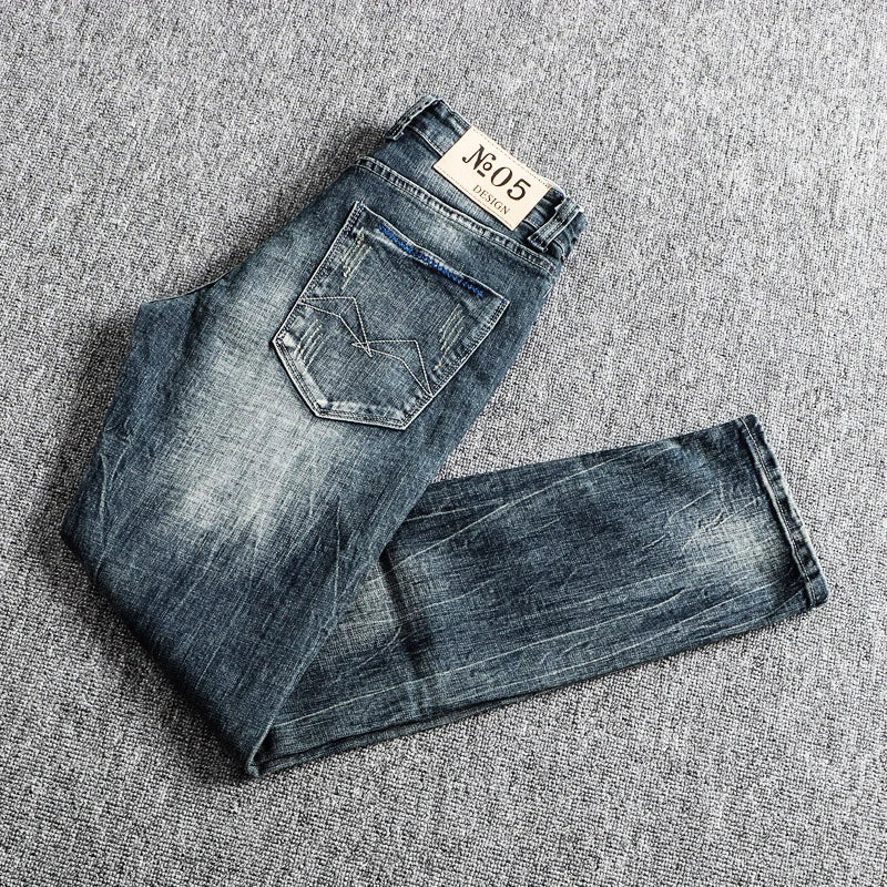 Italian Style Fashion Men Jeans Retro Blue Elastic Slim Fit Ripped Jeans Men Trousers Vintage Designer Casual Denim Pants Hombre