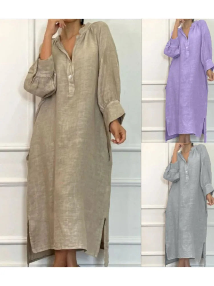Fashion Cotton Linen Long-sleeved Loose Women's Dresses New Autumn Collection Casual Simple Pocket Elegant Female Slit Dress2025