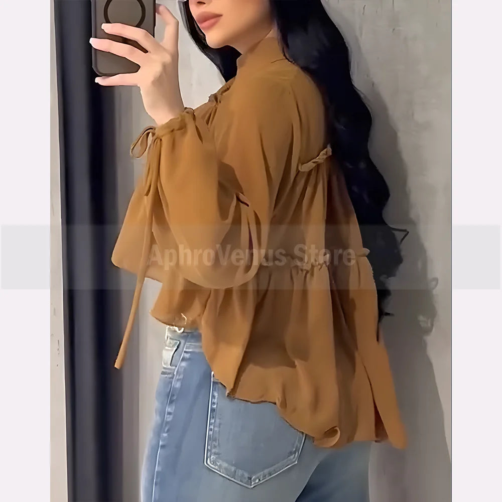 Ruffled Tiered Cropped Blouse for Women – Long Sleeve Collared Tie-Neck Chiffon Top Flowy Asymmetric Hem