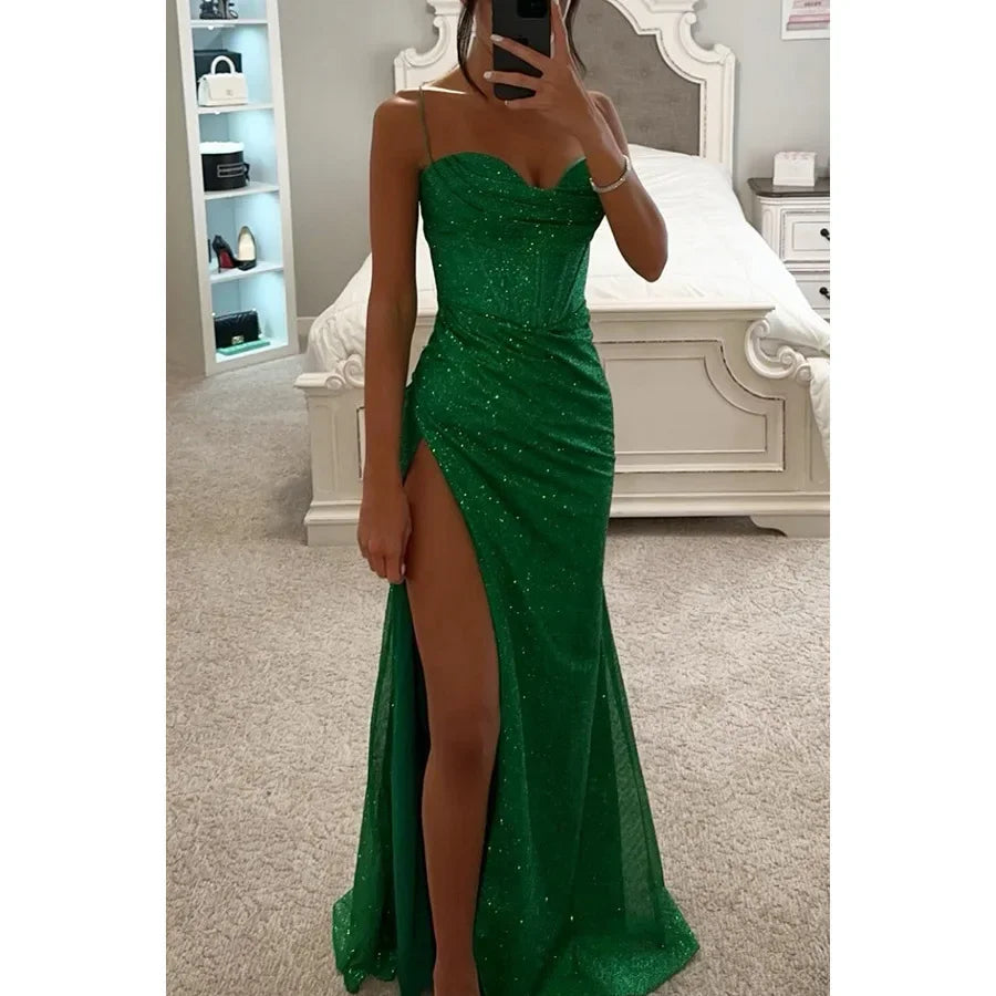 Sexy Off-shoulder Gown Dress Elegant Sequin Maxi Dresses for Evening Party Prom Slip Slim Split Long Canonicals