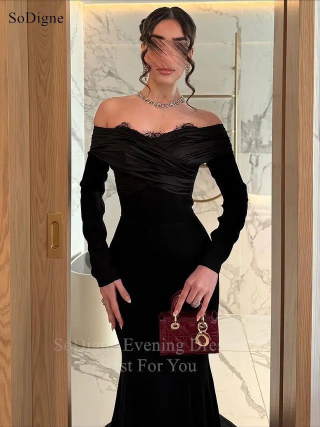 SoDigne Elegant Black Evening Dresses Lace Off The Shoulder Full Sleeves Party Dress Mermaid Formal Prom Gowns Customized