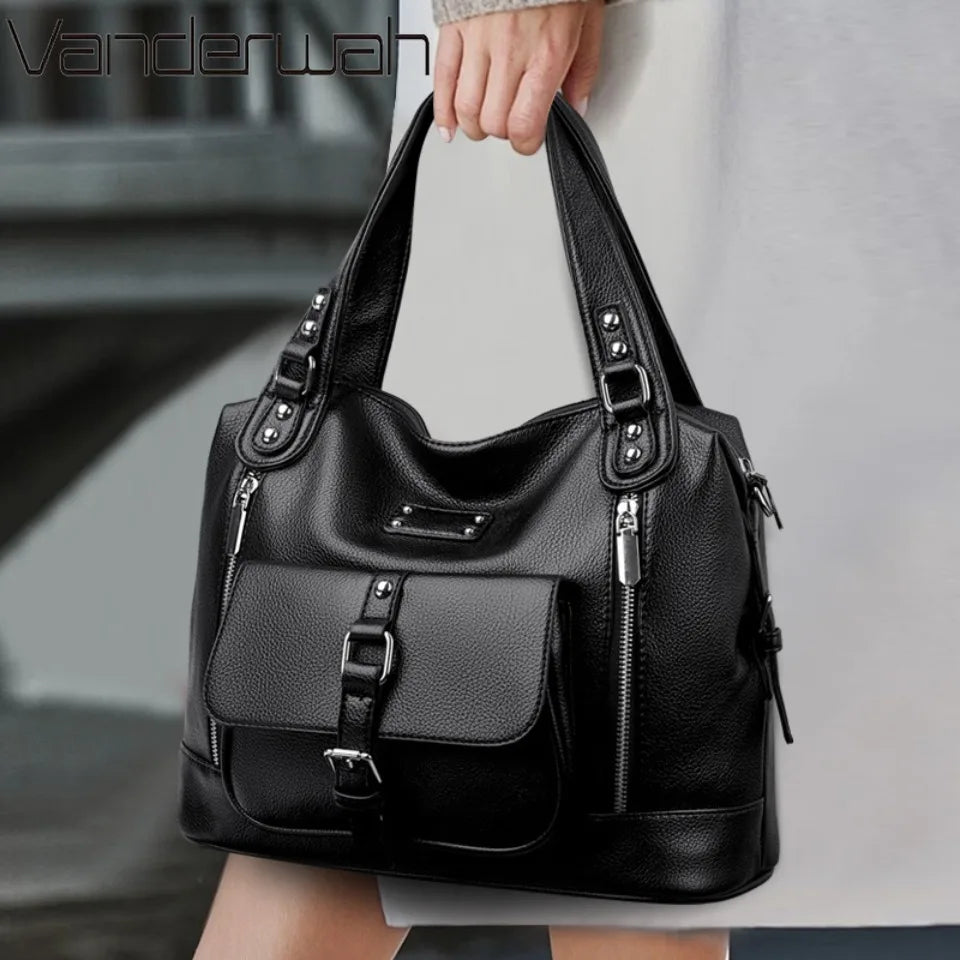 Women's Casual Tote Soft Leather Handbag Luxury Designer Shoulder Crossbody Hand Bag Ladies Shopping Sac Front Double Zipper
