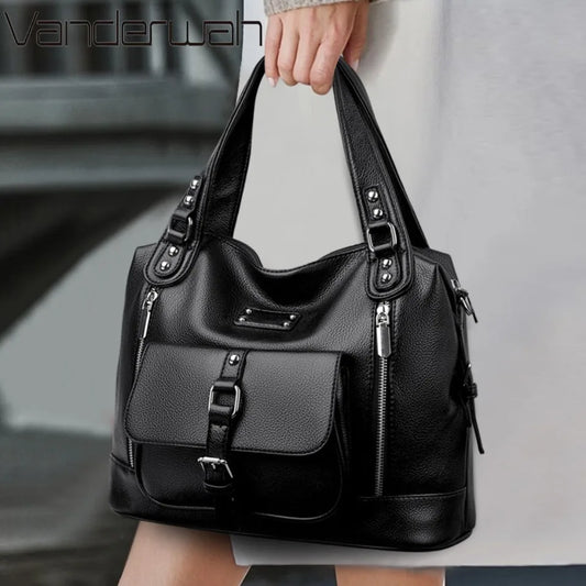 Women's Casual Tote Soft Leather Handbag Luxury Designer Shoulder Crossbody Hand Bag Ladies Shopping Sac Front Double Zipper