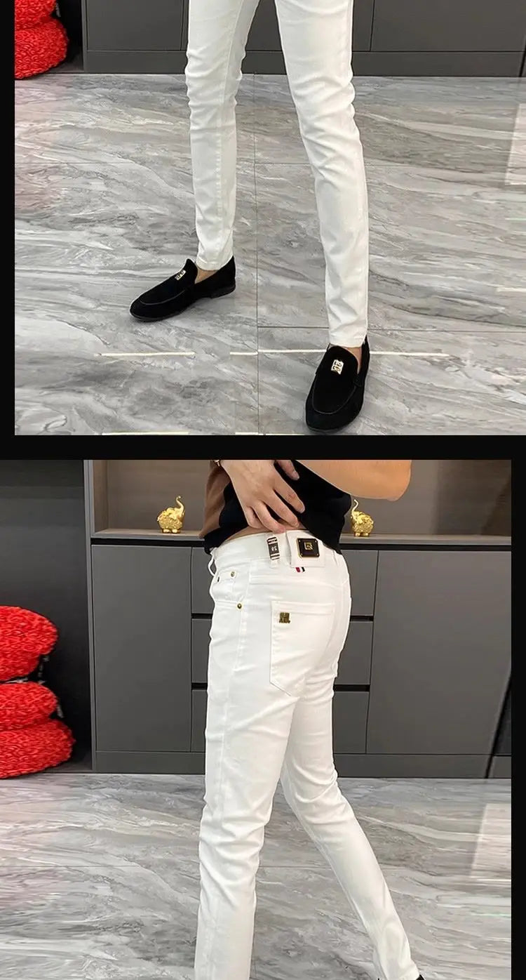 White Jeans Men's European Goods 2025 Summer New Fashion Motorcycle Boots Simple Slim Fit Elastic Versatile Small Feet Trousers