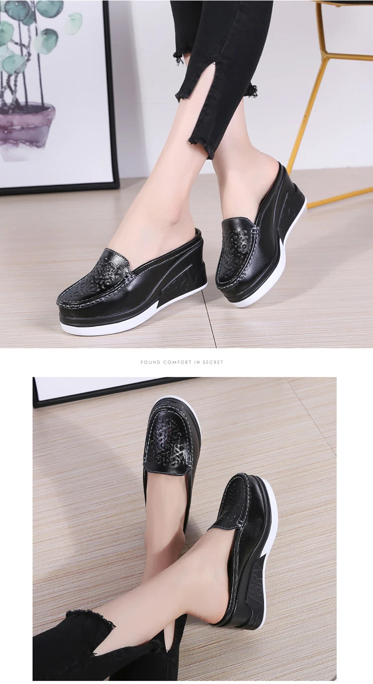 STRONGSHEN Women Slippers Casual Hollow Out Heel Wedge Thick Bottom Increase by 8cm Half Slippers Women's Non slip Fashion Shoes