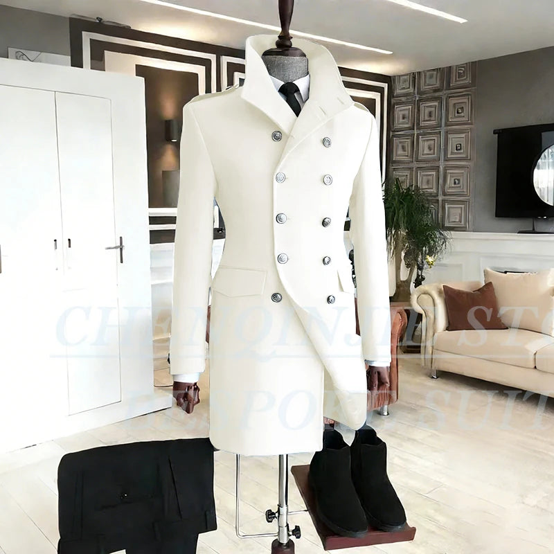Casual Men's Suits 2 Piece Jacket Pants Grey Double Breasted Stand Lapel Luxury Blazer