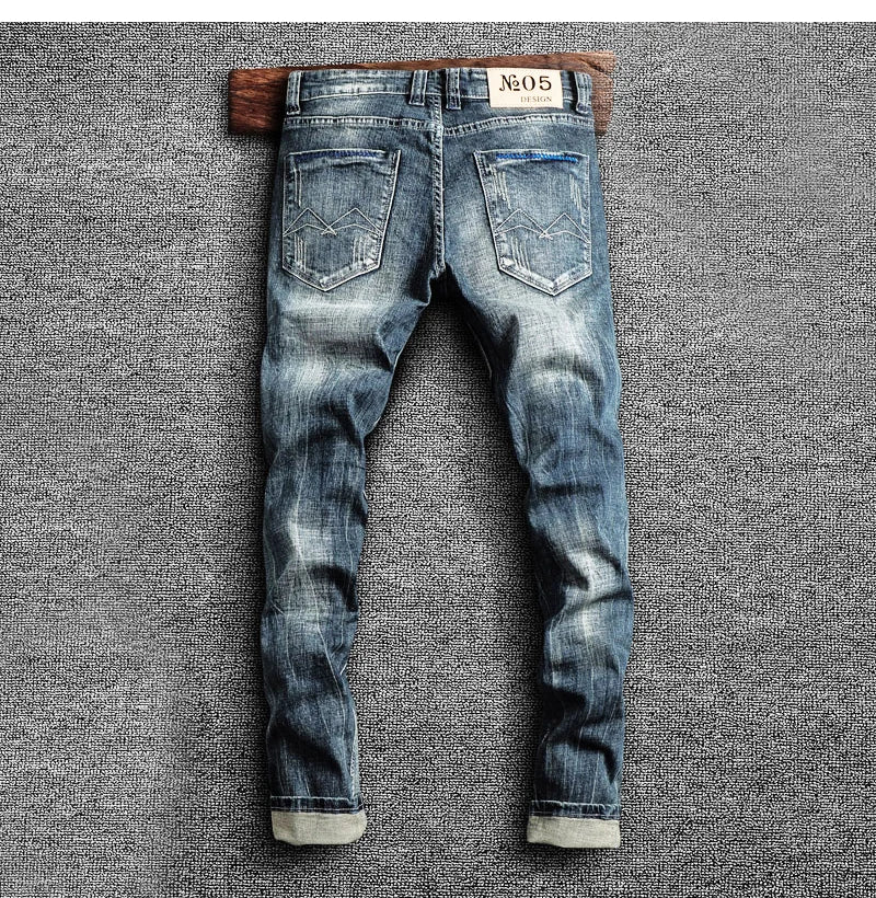 Italian Style Fashion Men Jeans Retro Blue Elastic Slim Fit Ripped Jeans Men Trousers Vintage Designer Casual Denim Pants Hombre