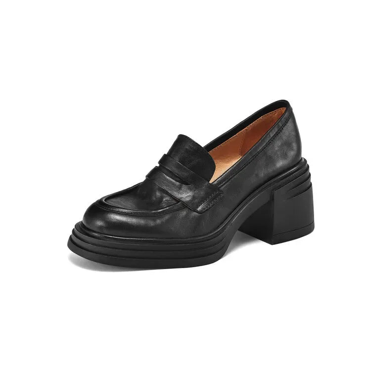 Women Chunky Heel Genuine Leather Wedge Shoes Woman Platform Pumps Female High Heel Zapatos Mujer Handmade thick sole Loafers