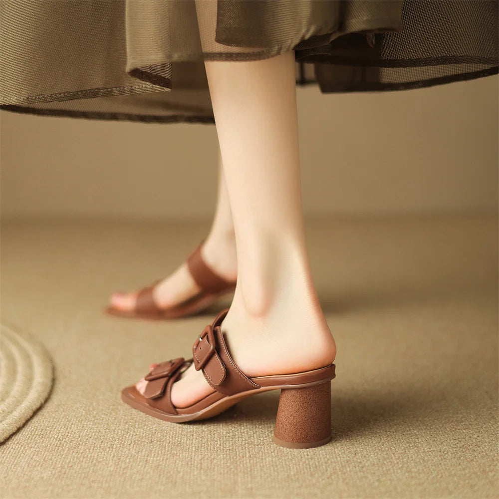 Women's sandals summer 2023 cow leather double metal belt 5.5cm thick med heel slip-on slippers elegant ladies slim daily pumps