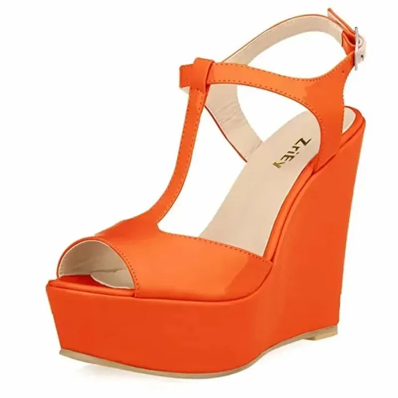 Women Wedge Sandals 2026 New Summer 14cm Open Toe Sexy Ankle Strap High Heels Patent Leather Platform Pumps Party Wedding Shoes