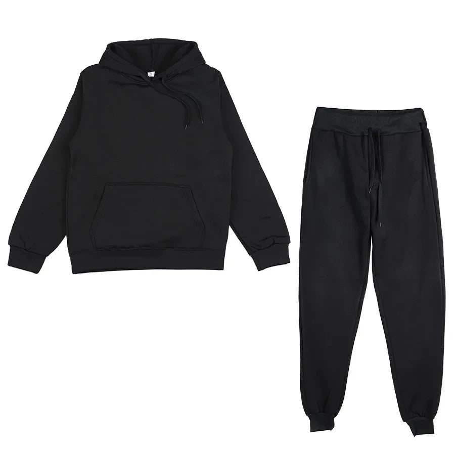 New Men Women Tracksuit Hoodies Casual Solid Color Thick Pullover and Long Pant 2-piece Set Men Autumn Fleece Jogger Sports Suit