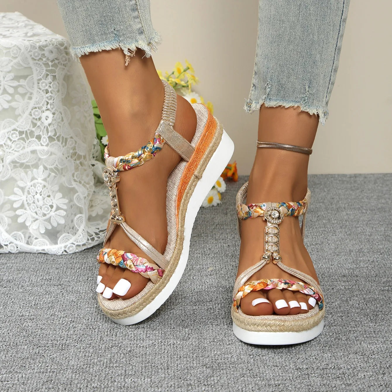 Women Wedge Sandals Summer 2024 Braided Band Platform Gladiator Sandals Woman Thick Bottom Beach Shoes Women Sandalias De Mujer
