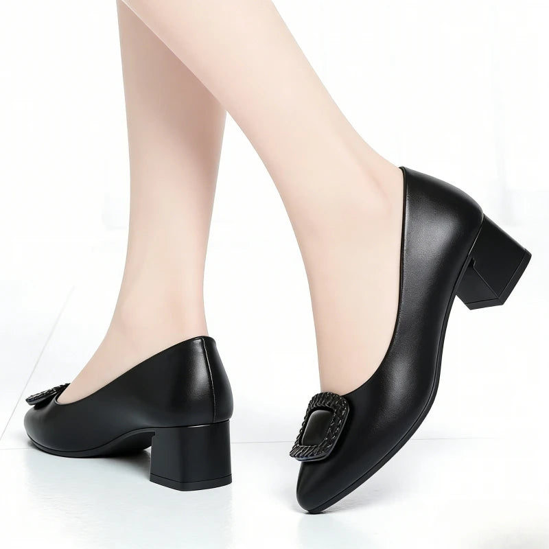 Women's Heeled Pumps—PU Leather Slip-On Dress Shoes, Lightweight Walking Shoes, Suitable for Mothers, Office Wear, and Everyday