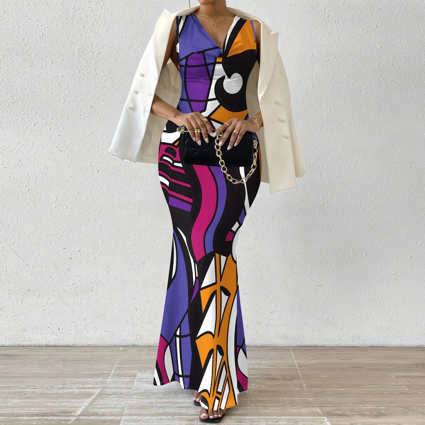 Womens Sexy Casual Dresses Colorful Geometric Off-Shoulder Maxi Dress  Artistic Party Evening Resortwear Swing Neck Dress