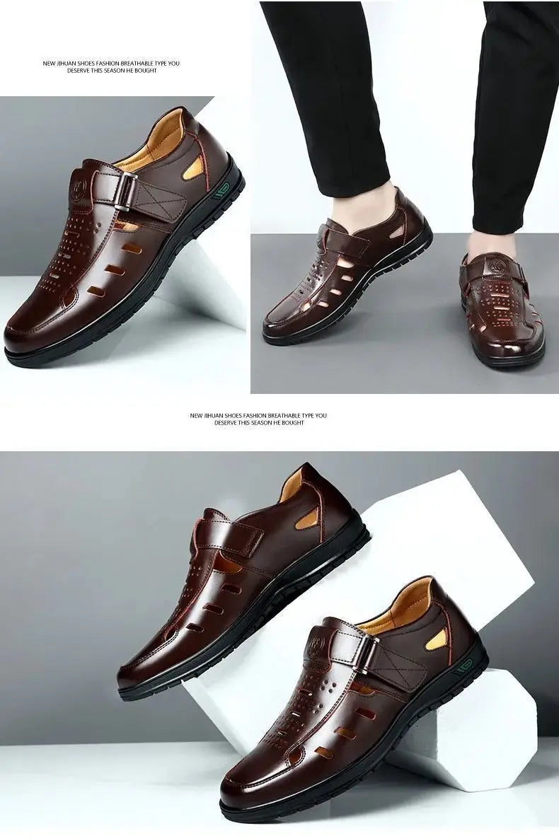 Men Sandals Summer  Cozy Hollow Non-slip Soft Cool Lighted Breathable All-match Classic Wearable Fashion Casual Leather Sandals