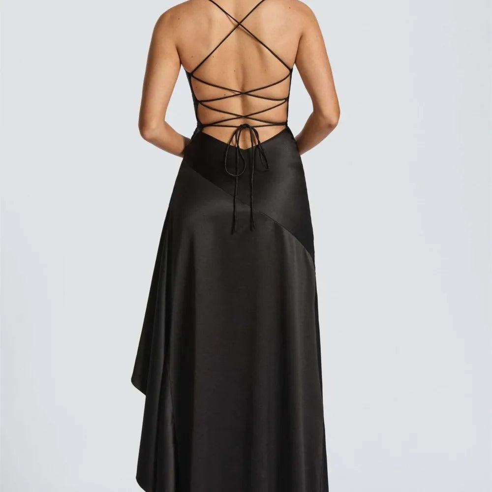 Summer Dresses For Woman Sexy Vestidos Slim Backless Elegant Evening Dress Slit Solid Color Spaghetti Strap Leace-up Temperament