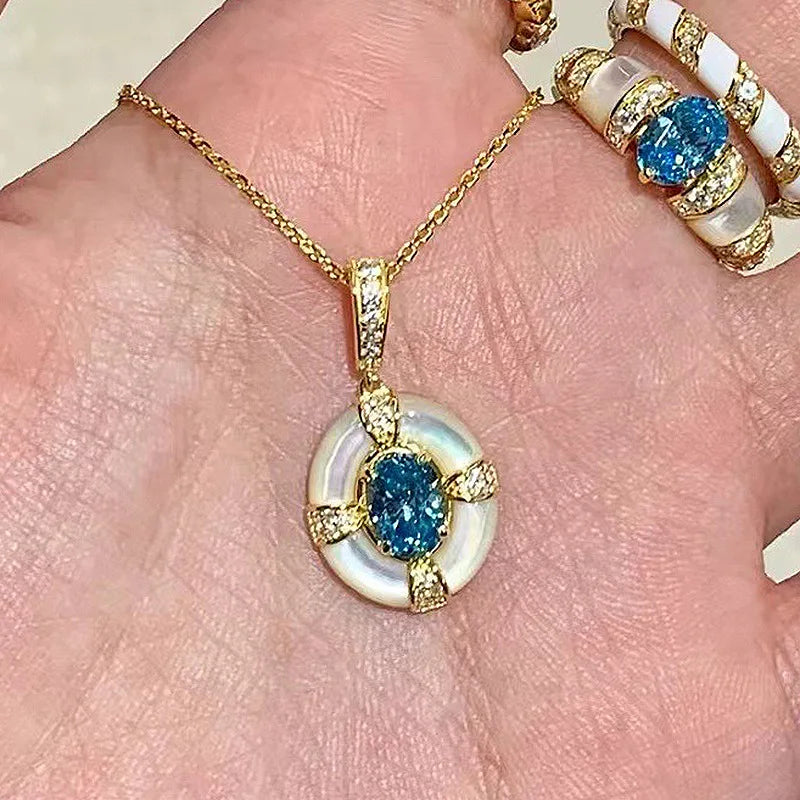 Classic blue jewelry sets dreamy aquamarine gem White Fritillaria ring necklace High quality palace style retro wedding gift