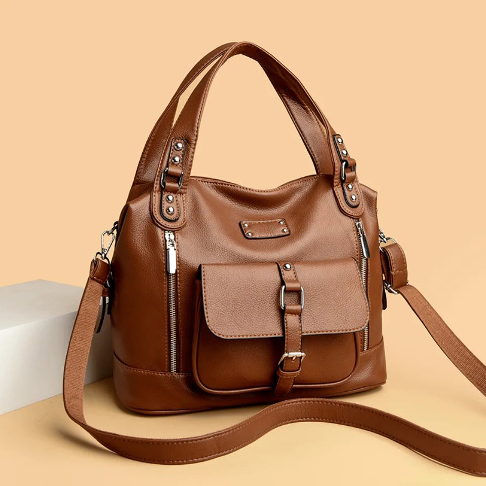 Women's Casual Tote Soft Leather Handbag Luxury Designer Shoulder Crossbody Hand Bag Ladies Shopping Sac Front Double Zipper