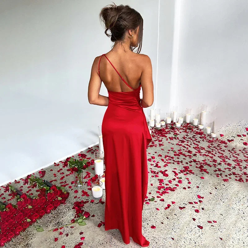 Sexy One Shoulder Satin Long Dress For Women Summer Sleeveless High Split Backless Party Evening Dresses Elegant Cocktail Dress