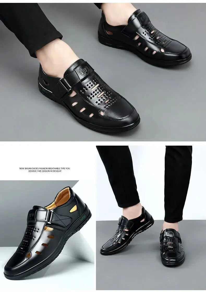 Men Sandals Summer  Cozy Hollow Non-slip Soft Cool Lighted Breathable All-match Classic Wearable Fashion Casual Leather Sandals