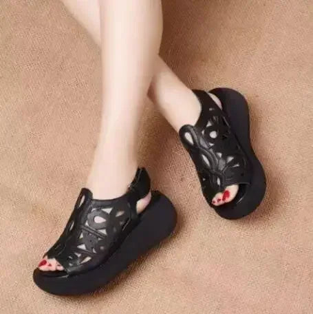 Designer Women Sandals Soft Leather Wedges Shoes for Women Summer Retro Sandals Luxury Casual Shoes Female Heels Wedge Sandalias
