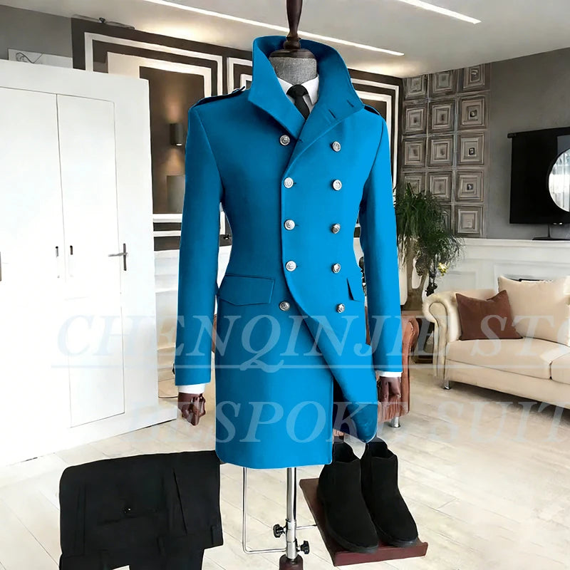 Casual Men's Suits 2 Piece Jacket Pants Grey Double Breasted Stand Lapel Luxury Blazer