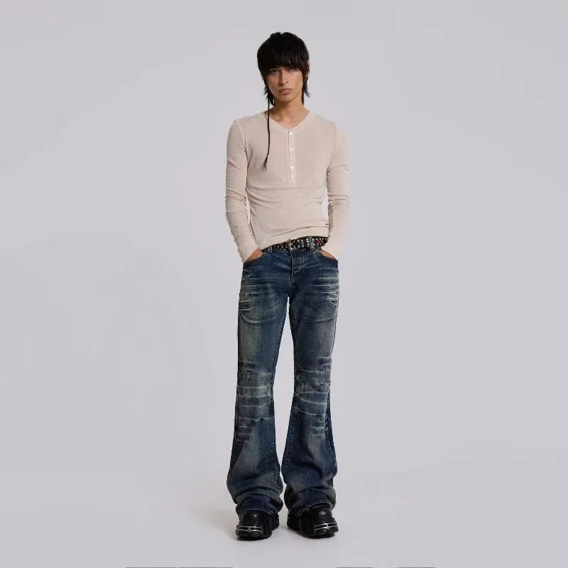 Y2K Mid Blue Flared Jeans Vintage Washed Men Women Bootcut Jeans Gothic High Street Unisex Streetwear Retro Baggy wide leg Pants