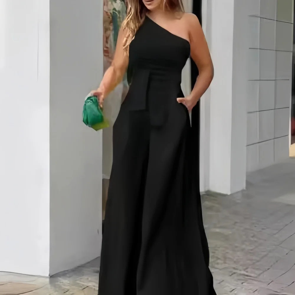 Women's Clothes Jumpsuit Solid Color Lace-up Irregular Off-The-Shoulder Casual High Waist Wide Leg Casual Ladies Jumpsuit