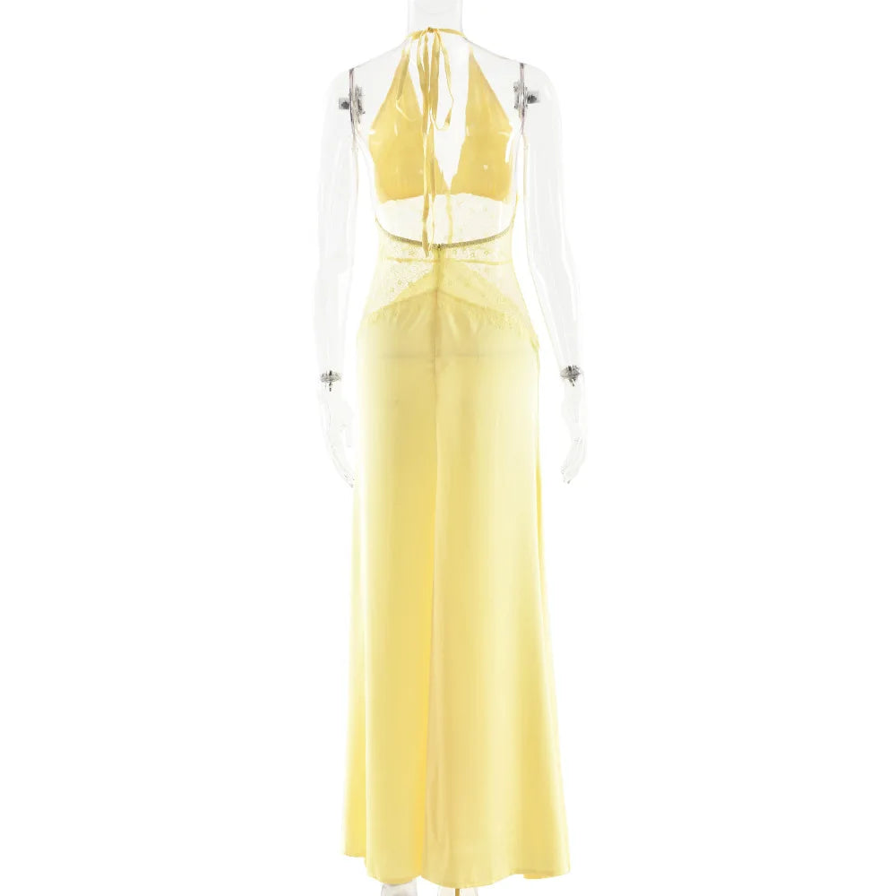 Sexy Deep V-neck Backless Lace Patchwork Satin Dresses for Women 2026 Summer Halter Sleeveless Long Maxi Party Evening Dress