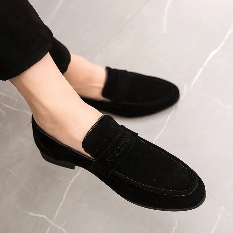Men Dress Shoes Loafers Suede Pointed Toe Low Heel Fashion Business Casual Breathable Wedding Daily Dress Shoes Zapatos Hombre