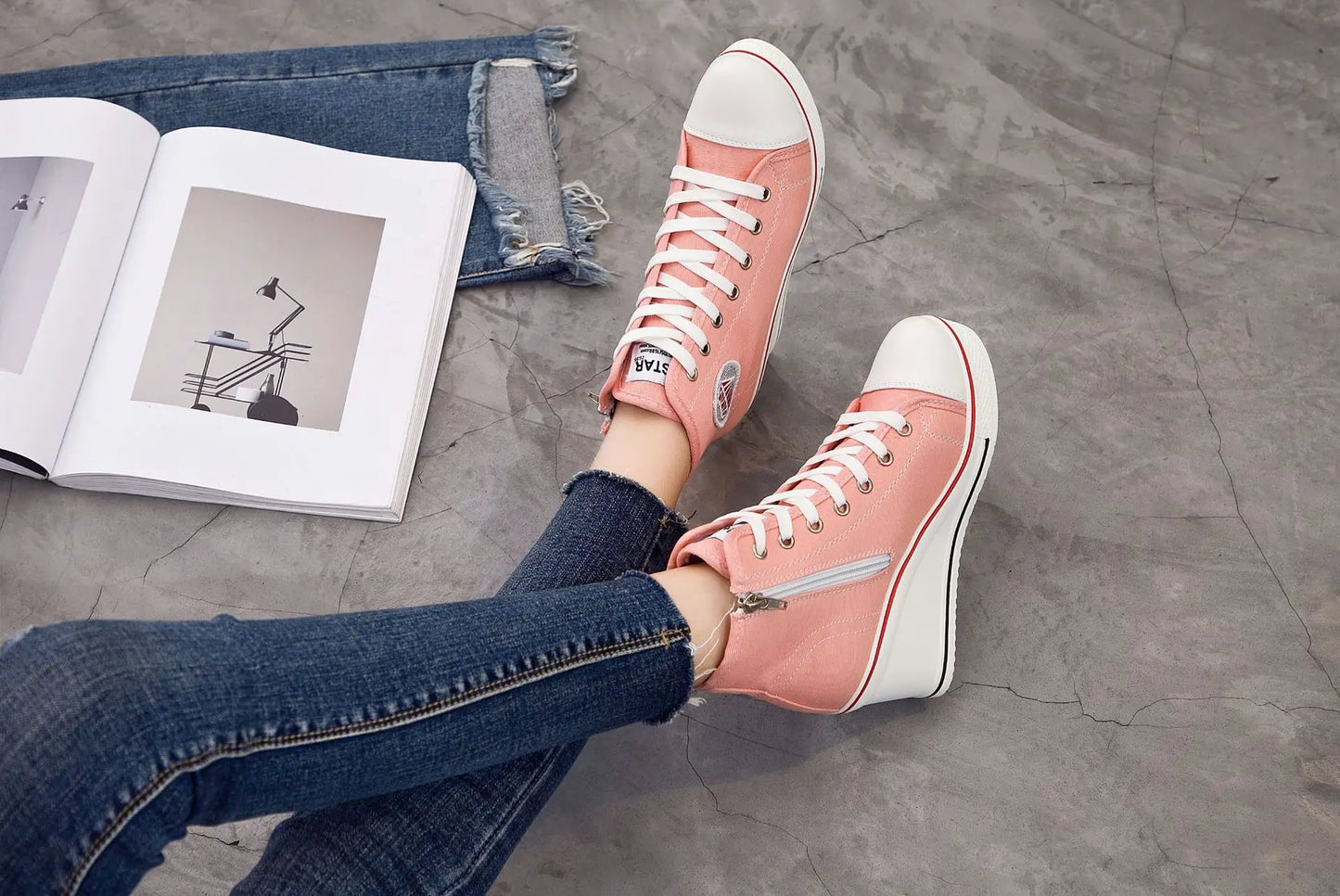 Wedge Heel Casual Shoes for Women New Canvas Shoes Side Zipper High Heel Lace Up Shoes Woman's Heightening Platform Sneakers
