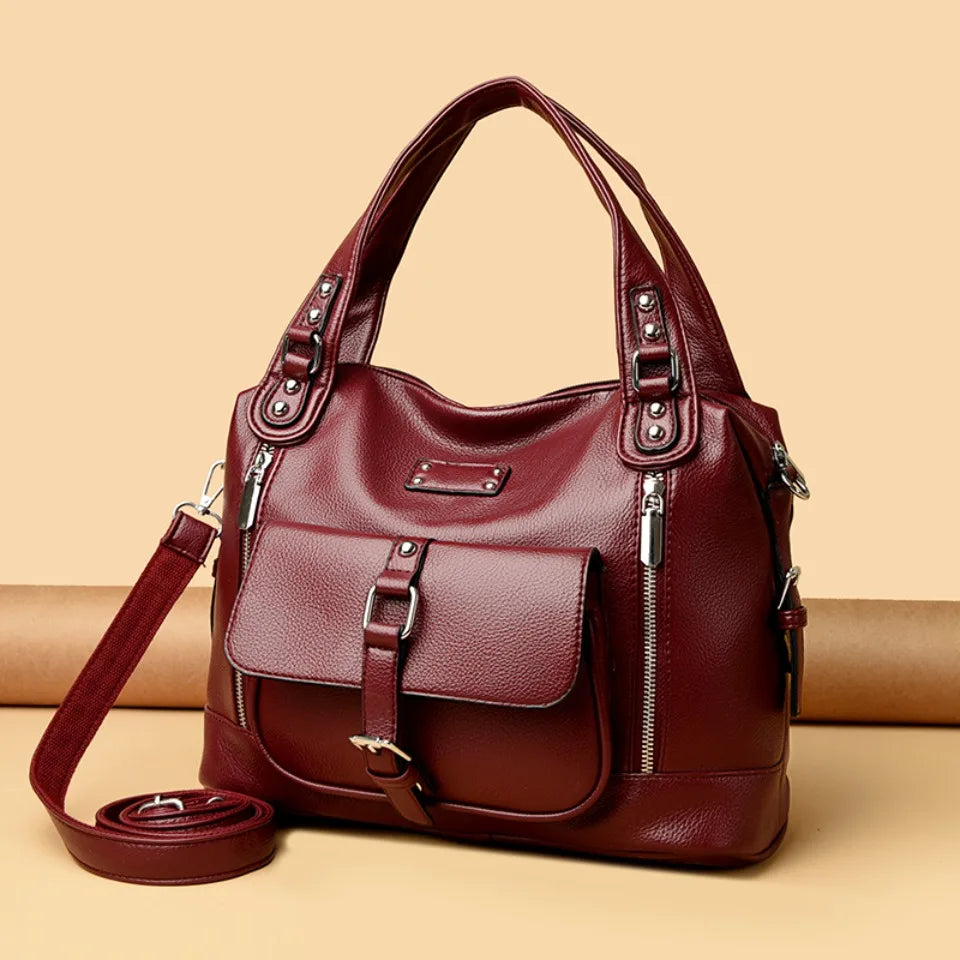 Women's Casual Tote Soft Leather Handbag Luxury Designer Shoulder Crossbody Hand Bag Ladies Shopping Sac Front Double Zipper