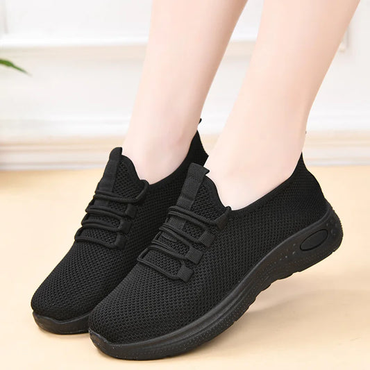 Middle-Aged and Elderly Women's Work Shoes Black Spring and Autumn Flat Shoes Non-Slip Soft Sole Mom Shoes Comfortable Casual Shoes